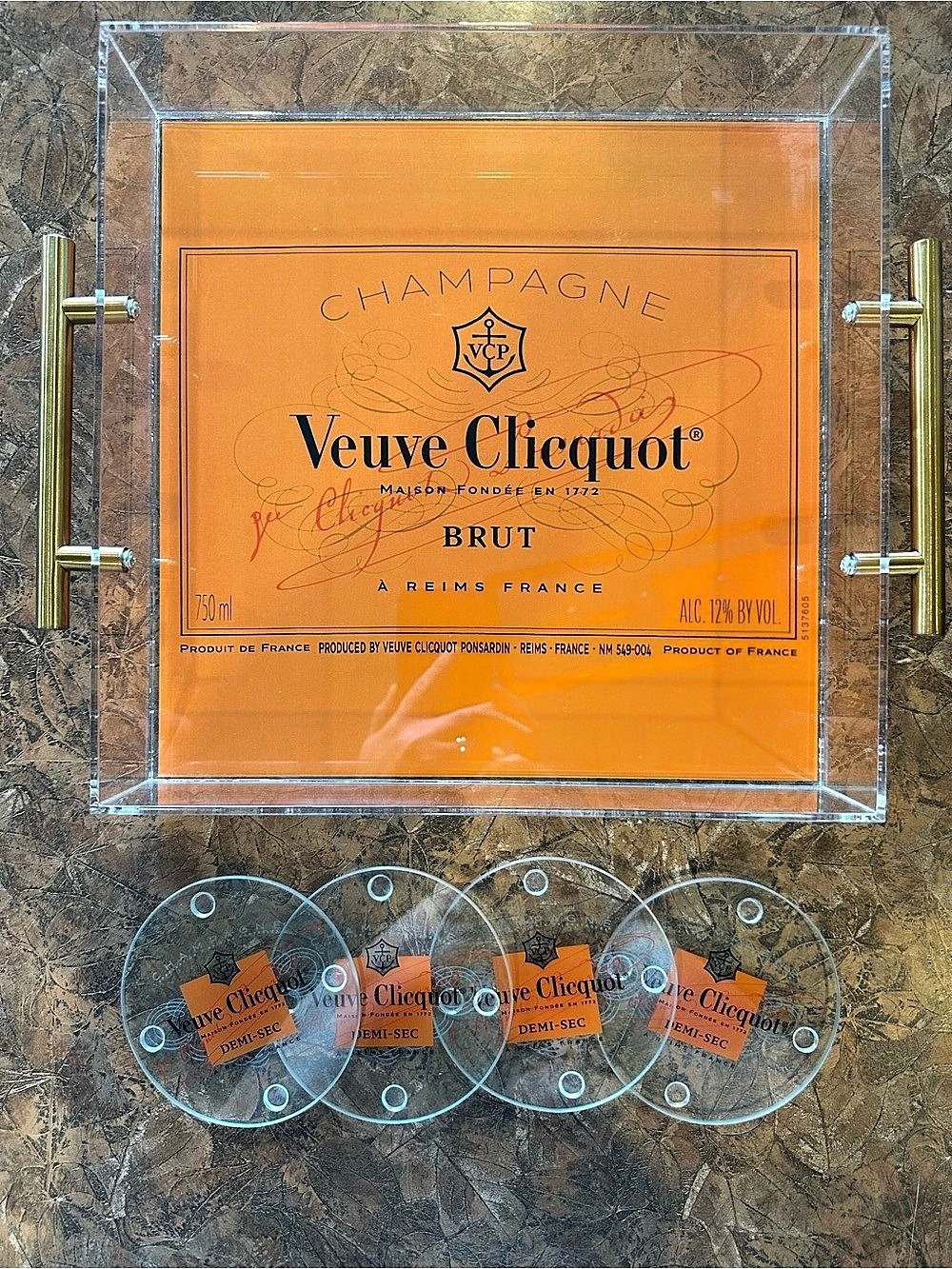 Veuve Clicquot Brut Acrylic Tray & 4 Coasters Orange